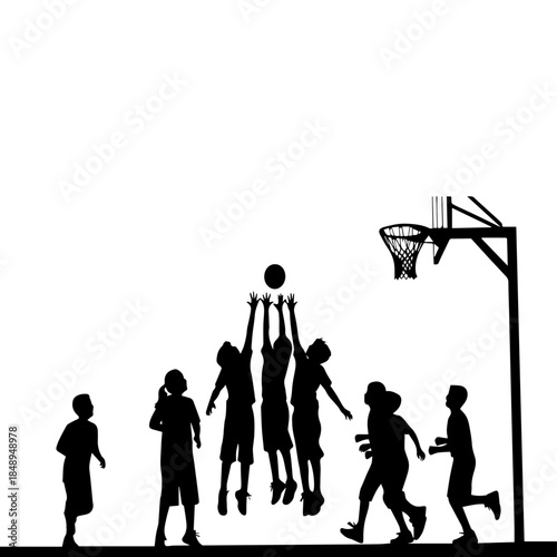 Dynamic silhouette of young children energetically playing basketball, leaping and reaching for the ball under a hoop, capturing the spirit of youth sports and teamwork