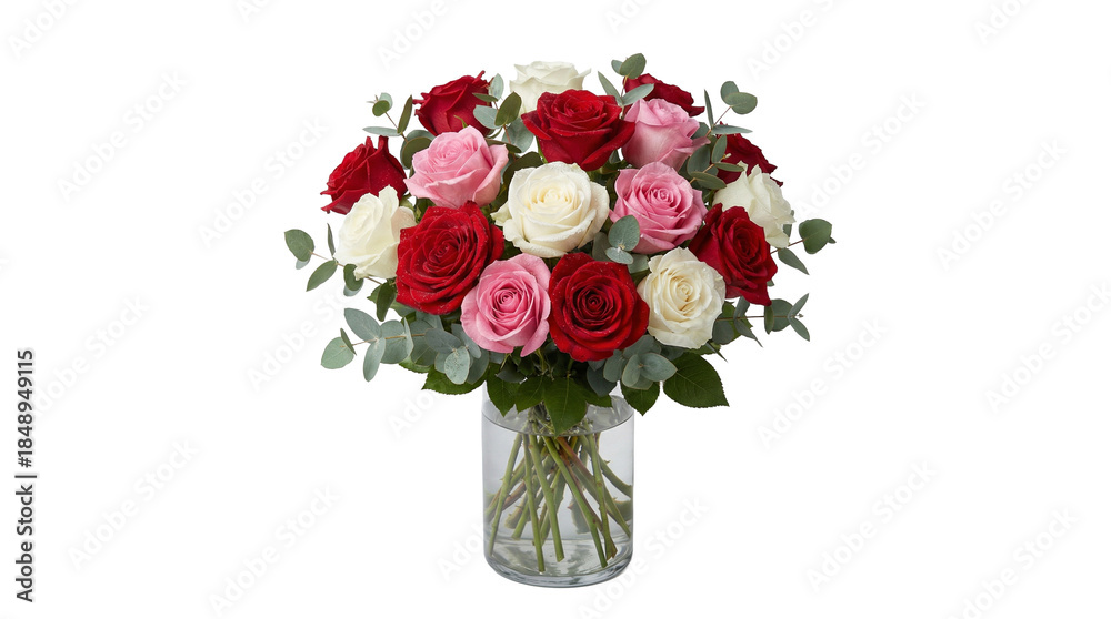 Fototapeta premium Bouquet of red pink and white roses in glass vase on trasparent background