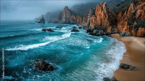 Fototapeta Naklejka Na Ścianę i Meble -  Foggy Cliffs Above Sandy Coastline