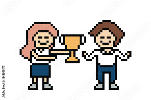 Business cartoon team, partnership,ambition, award, achievement with idea corporate character office work 8 bit pixel design art.