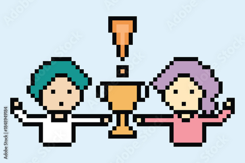 Business cartoon team, partnership,ambition, award, achievement with idea corporate character office work 8 bit pixel design art.