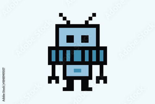 Cartoon humanoid robot learning toy robotic engineer bot machine business vector character automation electronic technology background 8bit artificial intelligence pixel art.