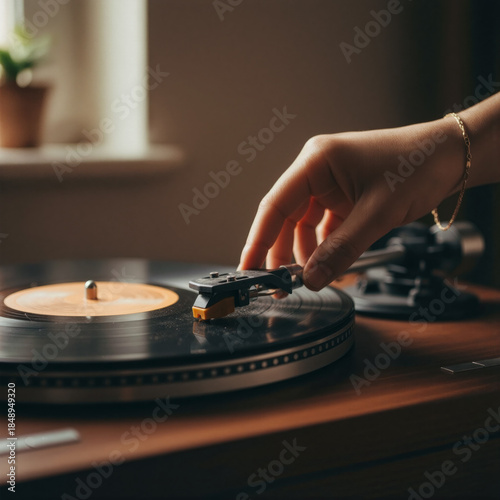 Vintage Music Vibes, Hand Placing Needle on a Vinyl Record Turntable