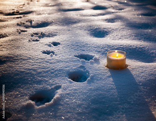 A single candle lit in the snow with footprints in the snow beside it. Ai