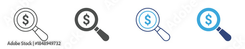 Magnifying Glass with Dollar Icon set, Money Search Icon, Financial Analysis, Cost Review and Budget Inspection Concept, Vector Illustration .