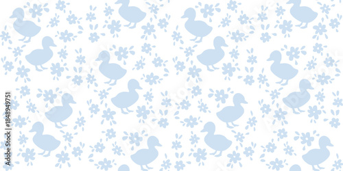 Blue duckling and flower seamless pattern on white background