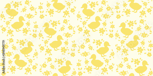 Yellow duckling and flower seamless pattern on pastel background