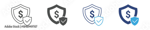 Shield with Dollar Icon Set, Financial Protection Icon, Secure Payment and Money Safety Concept, Vector Illustration