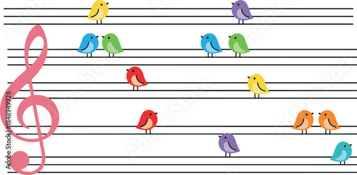 Creative Musical Staff Vector Illustration Featuring Colorful Birds Perched on Treble Clef Lines Representing Music Notes for Artistic Education Projects