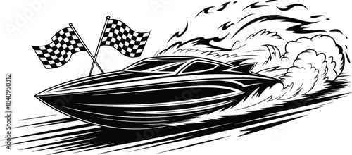 Racing Speed Boat with Checkered Flags Line Art Illustration.