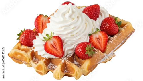 Photos Isolated sweet waffle with strawberries and whipped cream topping for dessert, s