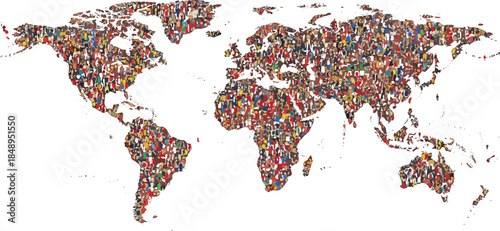 Abstract World Map Illustration Composed of Diverse People Silhouettes for Global Population Unity Community Multicultural Diversity International Connection