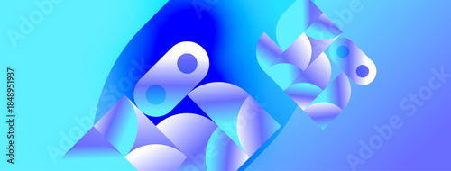 Abstract shapes, vibrant blues, gradients create dynamic composition. Modern design, smooth curves, digital art style.