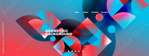 Abstract geometric shapes, vibrant colors, blue, red gradients. Modern design for website header or banner. Text reads Geometric Background.