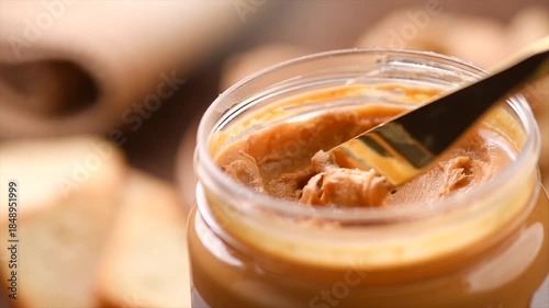 Peanut butter in a glass jar. Creamy smooth peanut butter. Mixing with a knife, making sandwich, organic food. American cuisine. Slow motion. 