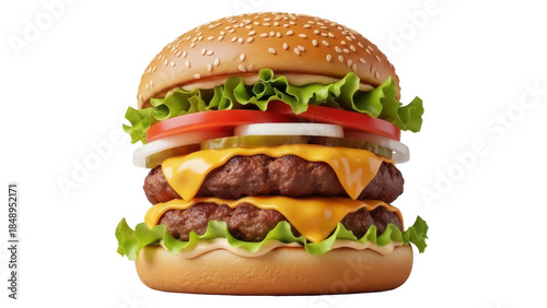 Foto Isolated double cheeseburger on bun with sesame seeds, juicy beef patties and fr