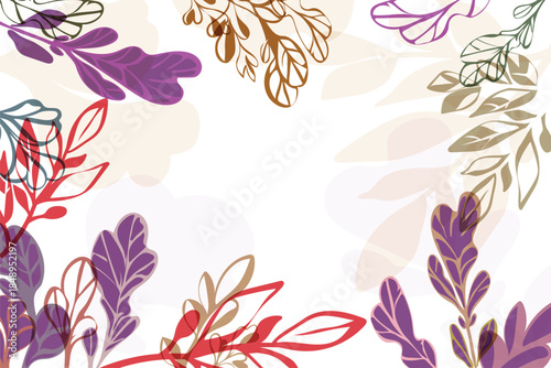 Colorful Hand-Drawn Abstract Floral Border with Transparent Leaf Overlays