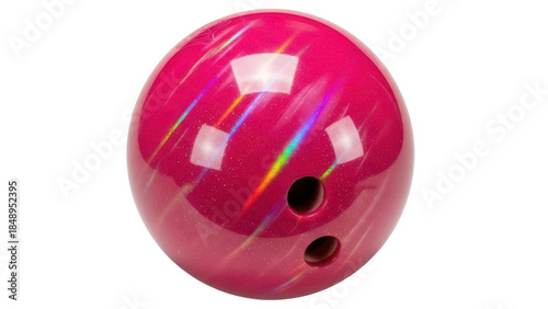 Isolated pink bowling ball with finger holes and holographic sparkles for sport entertainment
