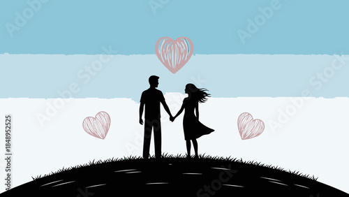 A romantic wedding illustration of a bride and groom couple on the beach with a pink heart design for a Valentine day card vector