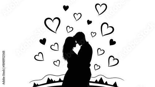 A romantic vector illustration featuring a silhouette of a girl and cat with a pink heart design for a Valentine's Day card