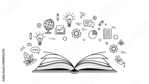 Vector illustration of an open magic book and textbooks representing a concept of education, library knowledge, and school learning paper objects for literature study