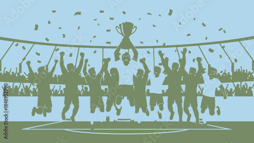 Silhouette of jubilant soccer fans celebrating victory with a trophy and confetti in a stadium setting.