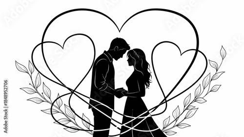 Silhouette of a romantic couple embracing within an elegant heart and foliage design, isolated white background.