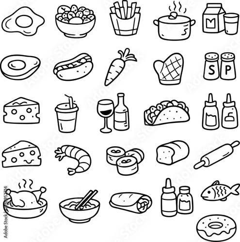 Black and white line art icons representing various food items and cooking 