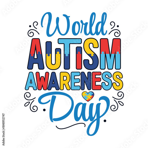 World Autism Awareness Day Typography with Colorful Puzzle Pieces and Heart