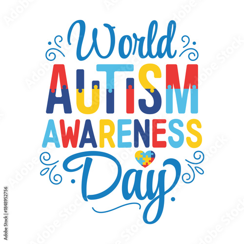 World Autism Awareness Day Typography with Colorful Puzzle Pattern