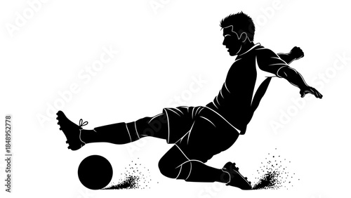 Silhouette of a powerful soccer player kicking the ball in dynamic action on an isolated white background.