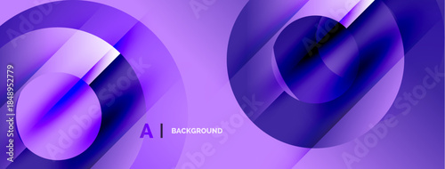 Abstract purple design features overlapping circles, gradients, dynamic shapes. Modern aesthetic suitable for backgrounds, presentations.