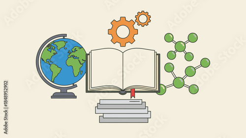 Global Education and Science Concept with Open Book, Globe, Gears, and Molecule Structure
