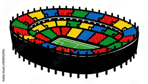 Colorful Soccer Football Stadium Arena with Seats and Green Pitch Overhead View