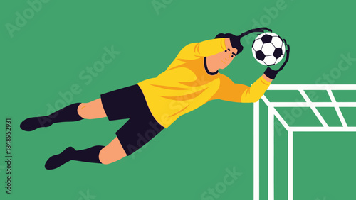 Determined Goalkeeper Diving to Save Soccer Ball from Entering Goal on Green Field
