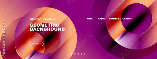 Abstract geometric background features vibrant pinks, purples, oranges. Website header includes navigation options, text, button.