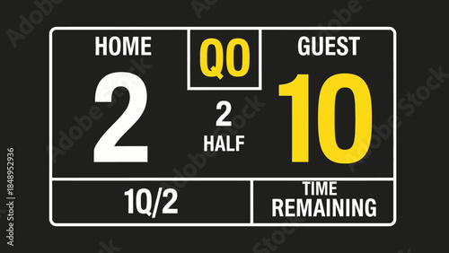 Digital Soccer Football Scoreboard Displaying Game Scores and Half Time on Black Background