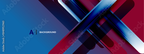 Abstract geometric shapes overlap, creating dynamic blue, red gradients. Modern design suggests technology, innovation, future concepts.