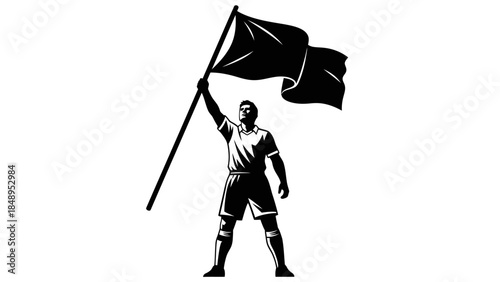 Energetic Soccer Fan Silhouette Raising Flag with Pride on Isolated White Background