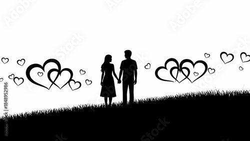 Loving Couple Silhouette Holding Hands on Grassy Hill with Hearts on Isolated White Background