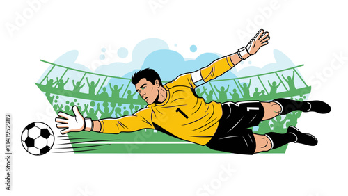 Dynamic Goalkeeper Diving to Save a Football with Cheering Crowd Background