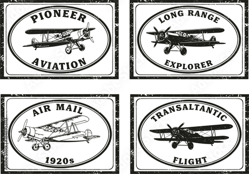 Set of Four Vintage Aviation Postal Stamps Featuring Retro Biplanes with Pioneer Aviation Long Range Explorer and Air Mail Flight Text