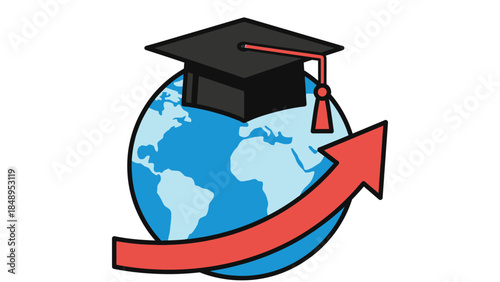 Earth Globe with Graduation Cap and Upward Arrow for Global Education Concept