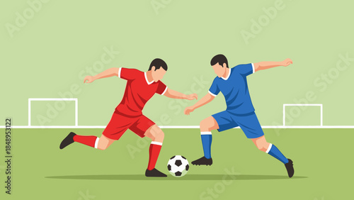 Two Football Players Competing for the Ball on a Green Soccer Field