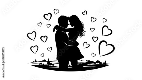 Romantic Couple Embracing Under Flying Hearts on Isolated White Background