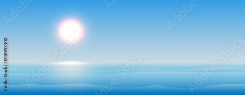 A summer landscape with a blue sea or ocean with a sunny blue sky. Realistic background with sea and sun. Vector illustration.