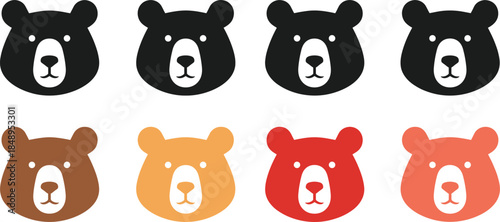 Cute bear face icon set in multiple colors flat vector illustration for kids, stickers, apps, and branding