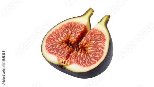 Foto Isolated purple fig, fresh and ripe, cut in half to show the red seedy center, d