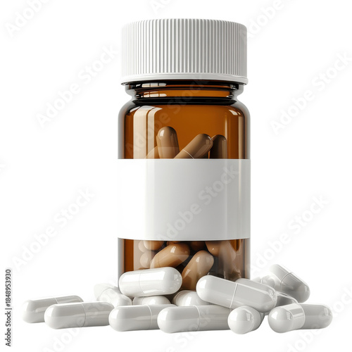 Brown bottle with white capsules on transparent background on transparent background.
