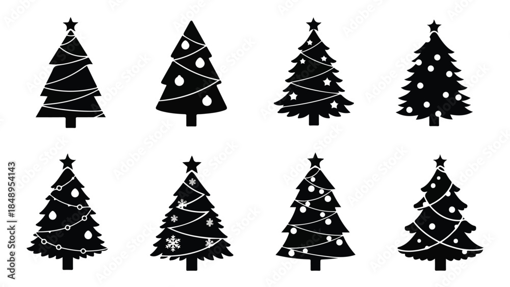 Obraz premium Collection of various black and white Christmas tree icons, decorated with ornaments, bows, and snowflakes, perfect for festive graphic design elements and holiday-themed projects